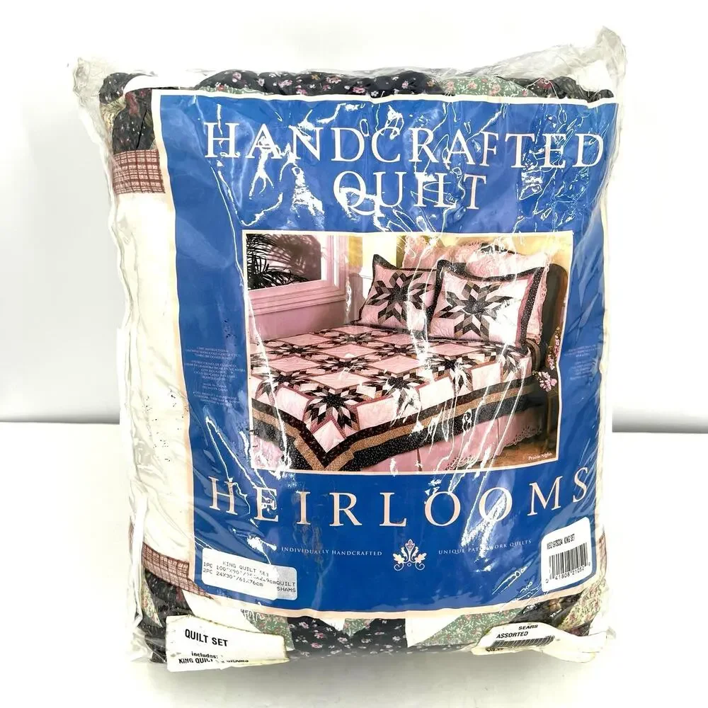 Vintage Handcrafted Lone Star Patchwork roses floral king Quilt and 2 shams